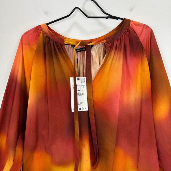 Zara Oversized Blouse Boho Resortwear Colorful Ombre Cotton Long Sleeve M NWT - Picture 5 of 13